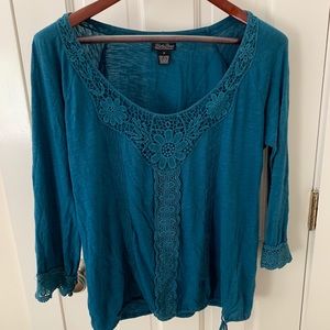 Lucky Brand blueish green top with embroidery